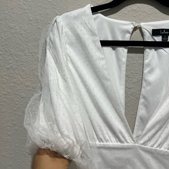 Lulus Dramatic Poise White Dot Tulle Puff Sleeve Tiered Mini Dress Large L - Picture 5 of 9